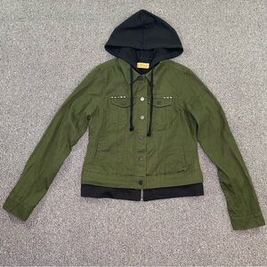 C'est Toi Utility Denim Jacket Olive Green Hoodie Studded Grunge Combat Women M